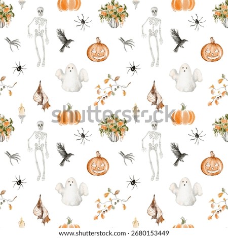 Halloween seamless pattern with skeletons and pumpkins. Hand drawn watercolor illustration for printable art, fabric, and background design.