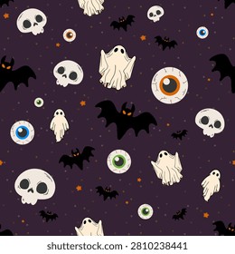 Halloween seamless pattern with skulls, ghosts, bats and eyeballs on a dark purple starry background.