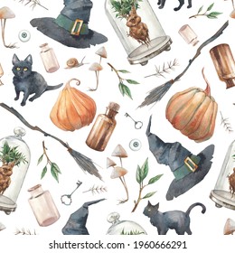 Halloween Seamless Pattern. Watercolor Repeating Texture With Black Cats, Pumpkins, Broom, Bottles, Mandrake, Mushrooms, Poison. Witch Wallpaper Design