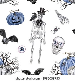 Halloween seamless pattern. Watercolor skull, dead head, vintage goth skeleton in top hat, raven, bats, Jack O Lantern pumpkins on white background. Scary and funny holiday print.