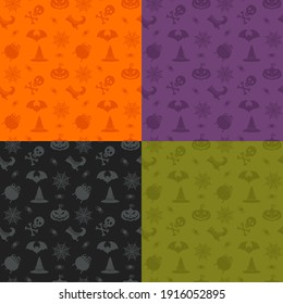 Halloween Seamless Patterns Set. Color Icons Of Skull, Spider, Web, Pumpkins, Cauldron. Design Elements For Halloween Party Poster. Flat Cartoon Illustration. Objects Isolated On A White Background.