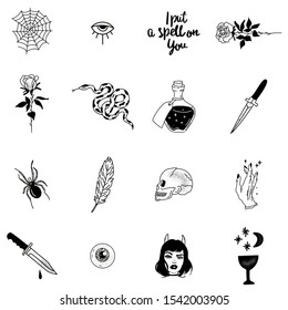 Halloween set collection of sketched elements hand drawn. Icon and character, witch, creepy and spooky elements for halloween decorations sticker. Hand drawn vector illustration