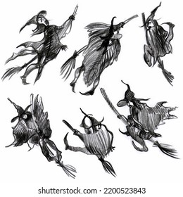 Halloween, A Set Of Witches On A Broom. Handmade Black And White Drawing. Graphic Raster Illustration. Witches In Flight On Broomsticks.