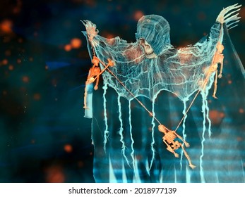 Halloween skeleton background image. Spooky, creepy, scary, skeletons on a string like puppets dangle from his outstretched hands. 