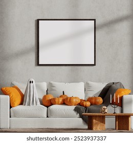 Halloween Sofa Setup with Pumpkins and Ghost Decor 3D Render. 3D Illustration