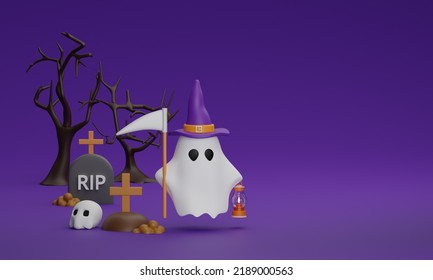 Halloween Spooky Ghost Skull Tree And Grave. Happy Halloween On Isolated Violet Background. 3d Rendering.