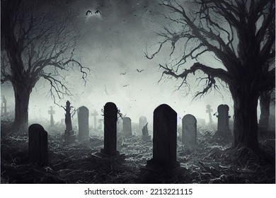Halloween spooky scary misty cemetery scenery with moon - Shutterstock ID 2213221115