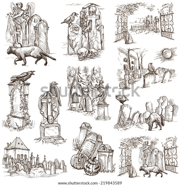 Halloween Theme Cemeteries Collection Hand Drawn Stock Illustration