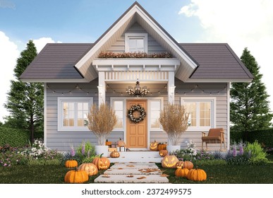 Halloween theme concept, Front of a small country house decorated with pumpkin heads on green lawn 3d render, the house has gray plank surrounded by nature
