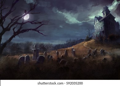 Halloween Theme With Grave Yard, And A House At Night