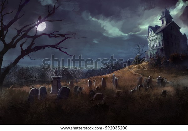 墓場と夜の家を持つハロウィーンのテーマ のイラスト素材
