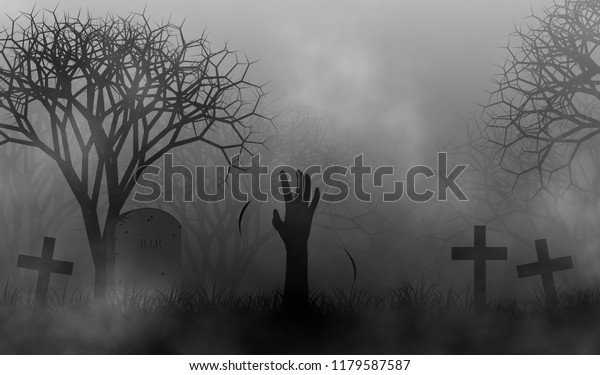 不気味な森のイラストデザイン背景に霧の中に 墓地のゾンビの手にハロウィーンのテーマとハロウィーン のイラスト素材