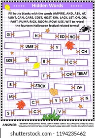 Halloween Themed Hidden Words Game Or Puzzle (English Language). Answer Included. 