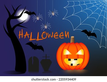 Halloween is the time when the dead and vampires wake up. Night, pumpkin, graves, bats are the attributes of the holiday