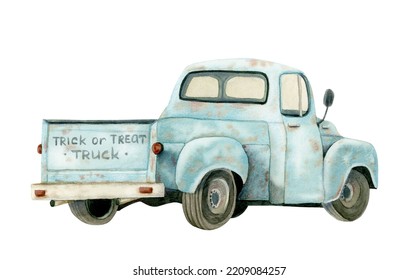 Halloween Trick Or Treat Retro Truck Illustration For Party Decorations And Greeting Cards, Old Blue Car, Vintage Ford On White Background