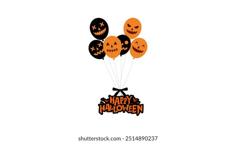 Halloween vector illustration featuring orange and black balloons with jack-o'-lantern faces, tied together above "Happy Halloween" text in a bold, spooky style - Powered by Shutterstock