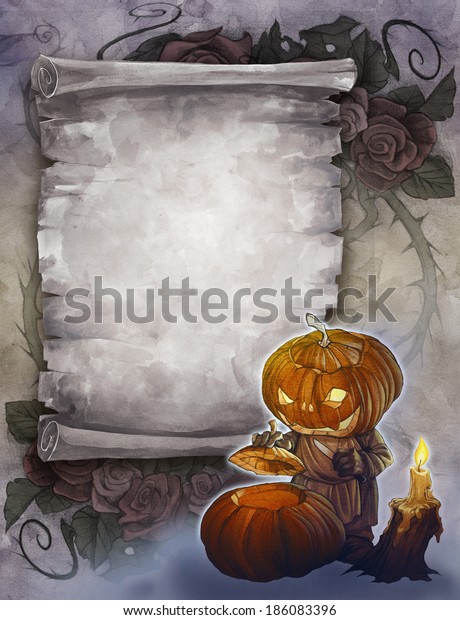 Halloween vintage background with halloween\
characters and ancient\
scroll