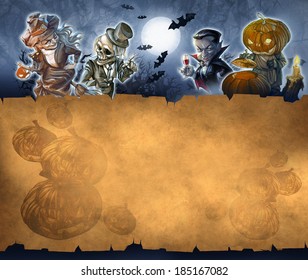 Halloween Vintage Greeting Card And Invitation Postcard Background With Old Paper Texture