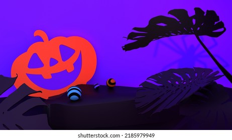 Halloween Vivid Color Pumpkin And Podium Decorate With Monstera Leaves And Fancy Ball 3d Rendering Background