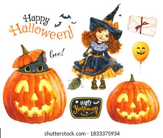 Halloween Watercolor Clipart Set. Сute Witch, Pumpkins And Black Cat On A White Background.