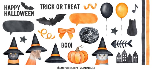 Halloween watercolor illustration set with different animals, text messages, streamers, Halloween symbols and shapes in black and orange color. Hand painted clipart on white background for design.