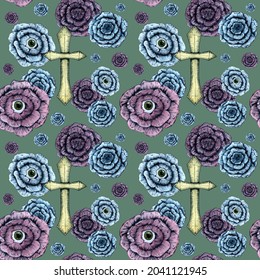 Halloween watercolor seamless pattern  autumn holiday  31 october  cross  rose and an eye  hand drawing design  gothic wrapping paper  scary flowers textile design  yellow  blue  violet  black