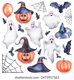 Halloween watercolor set: pumpkin, hat, ghost, bat, balloon, spider web. The illustration is hand painted. A celebration of spirits and monsters. A bundle for decoration - Powered by Shutterstock