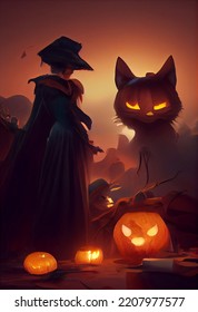 Halloween Witch With Giant Cat And Jack O Lantern Pumpkins