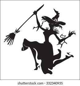 Halloween Witch On Broomstick Flying Silhouette Stock Illustration ...