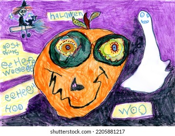Halloween Witch  Pumpkin   Ghost  Genuine artwork by 5  year  old child  Water  color pencil    felt pen paper 