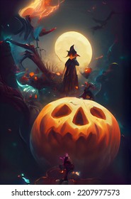 Halloween Witch Standing On Giant Jack O Lantern Pumpkin