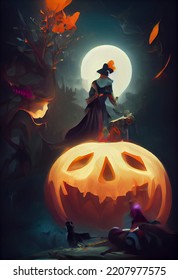 Halloween Witch Standing On Giant Jack O Lantern Pumpkin, Full Moon In The Background