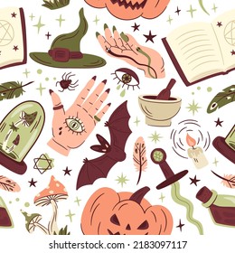 Halloween Witchcraft Elements, Pumpkin And Spider Doodle Seamless Pattern. Cute Spooky Creatures, Candle, Witch Cauldron And Potion Mushroom Flat Illustration. Scary Holiday Celebration Background