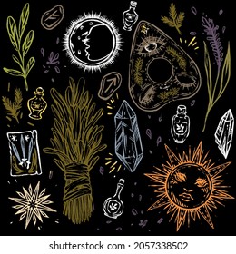 Halloween Witchy Occult Pattern Black Background And Coloured Images