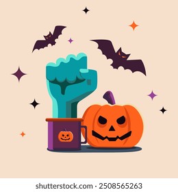 halloween zombie hand sticking out of purple mug on beige background. vector illustration for halloween. scary vector flat art for cards, invitations, prints. zombie flat hand

 - Powered by Shutterstock