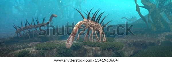 Hallucigenia, prehistoric aquatic\
animals from the Cambrian Period (3d paleoart illustration\
banner)