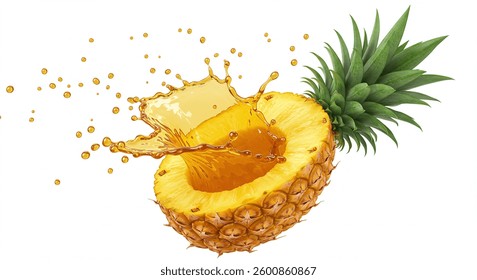 A halved pineapple with its juice splashing dynamically. The vibrant yellow fruit and golden liquid create a visually appealing image of freshness and tropical delight.
