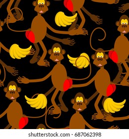 Hamadryad seamless pattern. monkey red butt and banana background