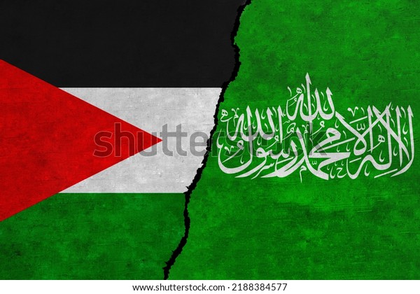 Hamas\
and Palestine painted flags on a wall with a crack. Palestine and\
Hamas relations. Hamas and Palestine flags\
together