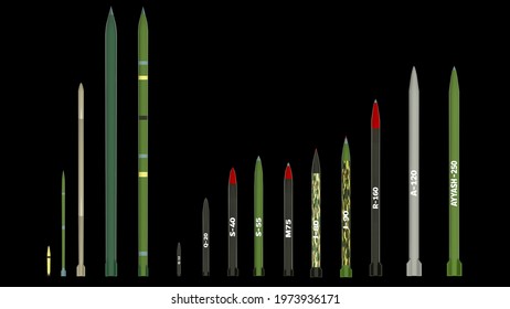 The Hamas Rocket Arsenal. Artillery Rockets In Service With Palestinian Hamas Organization. 3d Render. Missile Types Bought From Foreign Markets And Produced Internally