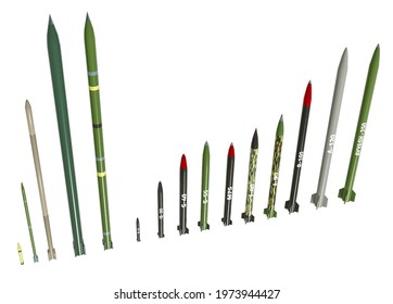 The Hamas Rocket Arsenal. Artillery Rockets In Service With Palestinian Hamas Organization. 3d Render. Missile Types Bought From Foreign Markets And Produced Internally