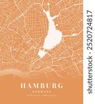 Hamburg City Orange Map Graphic with coordinates, Germany