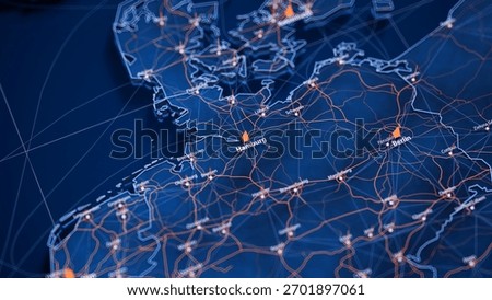 Hamburg map big data visualization. Futuristic map infographic of city in Germany. Visual map data complexity in modern blue and orange colors. 3D Illustration