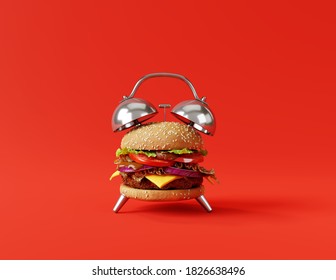 Hamburger clock on red background. Creative idea. Minimal concept. 3d illustration - Powered by Shutterstock