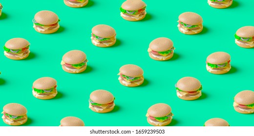 Hamburger Fast Food Pattern On Green Background. Burger Art Banner, Minimal Junk Food Concept. 3d Illustration.