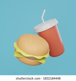 Hamburger And Soda Water 3d Rendering. Food 3d Illustration