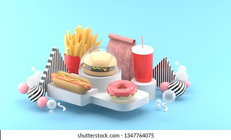 Hamburgers, hot dogs, donuts, french fries and soft drinks surrounded by colorful balls on a blue background.-3d rendering. - Powered by Shutterstock