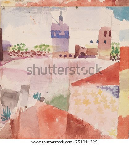 HAMMAMET WITH ITS MOSQUE, by Paul Klee 1914, Swiss drawing, watercolor and graphite on paper. The coastal city of HAMMAMET and its distinctive mosque were painted by Klee after his visit to Tunisia