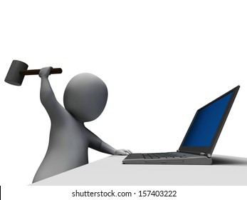 Hammer Hitting Computer Showing Angry And Frustrated With Laptop