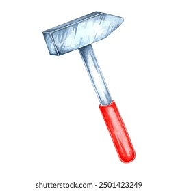 Hammer with a metallic head and a distinctive red handle. Watercolor clipart of the workshop tool. Perfect for construction websites, DIY project graphics, and hardware store branding, flyers - Powered by Shutterstock